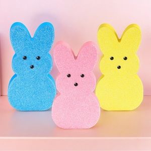 3 PCS Glittery Wooden Bunny Peeps Inspired Wooden Easter Decor